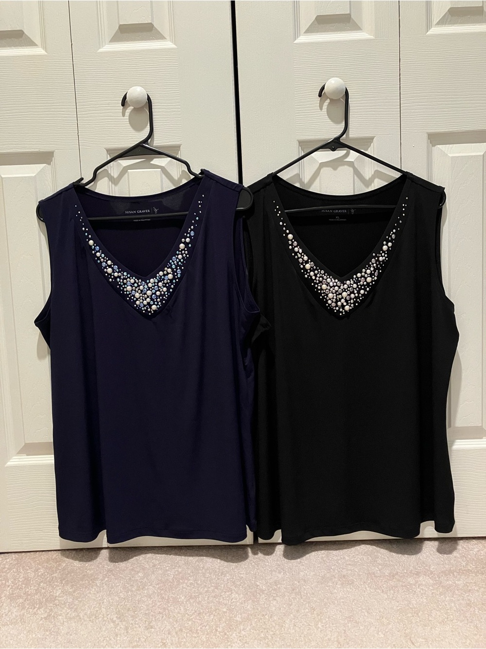 Susan Graver Sleeveless Top Bundle! Navy & Black Embellished Jewels V-Neck Tanks